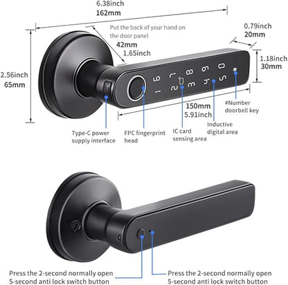 Smart Biometric Fingerprint Door Lock System,Tuya&Smartlife APP Bluetooth Digital Handle Lock,Keyless Entry Door Lock Home Security,for bedrooms,Families,Hotels,Offices,Apartments (Black)