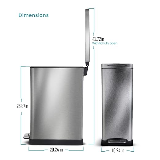 Home Zone Living 12 Gallon Slim Kitchen Trash Can with Soft Close Lid, Step Pedal, Bag Tuck Band, and Removable Liner, Stainless Steel, Silver