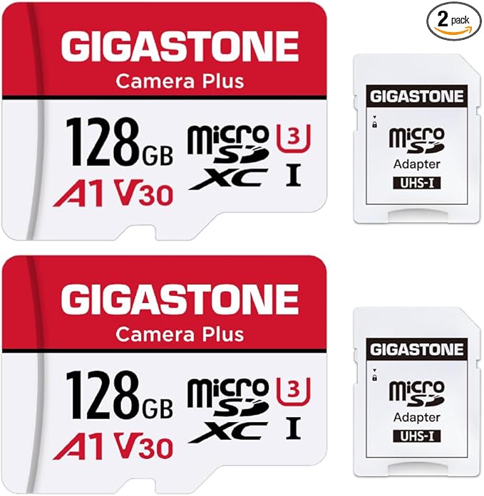 GIGASTONE 128GB Micro SD Card 2-Pack, Camera Plus, Compatible with GoPro, Security Camera, Dash Cam, Speed up to 100MB/s, 4K Video Recording, Micro SDXC UHS-I A1 V30 U3 Class 10