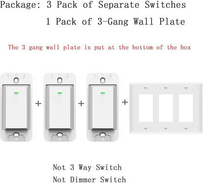 Lesim Smart 3 Gang WiFi Light Switch, 2.4GHz, Compatible with Alexa, Google Home, White, Push Button, Automatically/Smart Switch Operation
