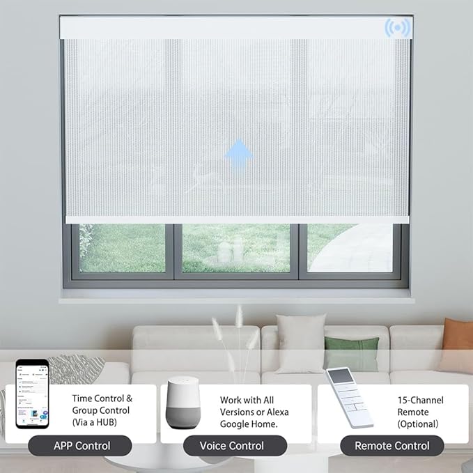 Motorized Solar Shades, Light Filtering Smart Blinds for Windows Automatic Blinds Compatible with Alexa, Falme Resistant Roller Shades Customized for Office Living Room (5% Openness White)