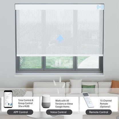 Motorized Solar Shades, Light Filtering Smart Blinds for Windows Automatic Blinds Compatible with Alexa, Falme Resistant Roller Shades Customized for Office Living Room (5% Openness White)