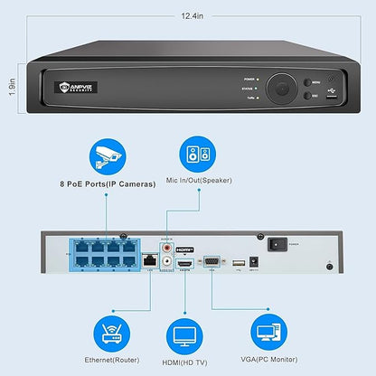 Anpviz AI 12MP 8CH POE NVR (12MP/8MP/6MP/5MP/4MP) Smart AI POE Network Video Recorder - Supports up to 8 x 12MP POE Cameras, 8-Channel Power Over Ethernet (Not Included HDD) NVR7608Q1-8P (H Series)
