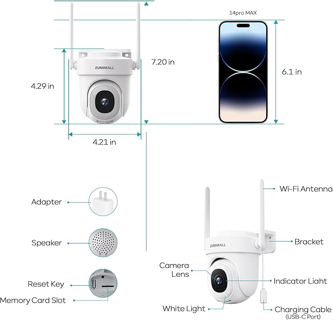 ZUMIMALL 3MP Outdoor Camera Wired 2.4G/5G WiFi - 2-Pack, 24/7 Recording, AI Motion Detection, Cloud & SD Card Storage, 2-Way Audio, PTZ Camera Auto Tracking, Compatible with Alexa Google