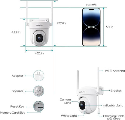 ZUMIMALL 3MP Outdoor Camera Wired 2.4G/5G WiFi - 2-Pack, 24/7 Recording, AI Motion Detection, Cloud & SD Card Storage, 2-Way Audio, PTZ Camera Auto Tracking, Compatible with Alexa Google