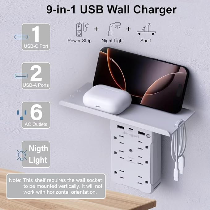 Wall Outlet Extender with Shelf and Night Light, Surge Protector with 3 USB Ports (2A+1C) and 6 AC Outlets, Multi Plug Power Strip Electric Outlet Splitter for Home and Office Use, White