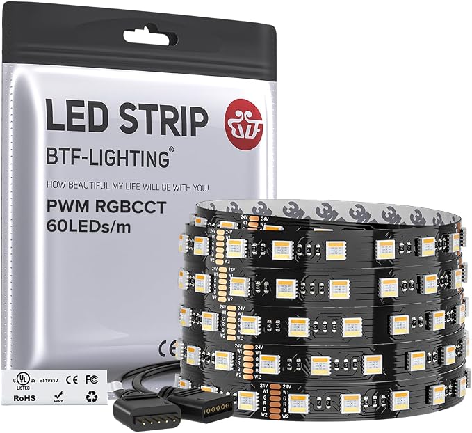 BTF-LIGHTING RGBCCT LED Strip UL Listed 16.4ft 60LED/m 300LED DC24V IP30 | Black LED Tape 12mm wide 5 Colors in 1 RGB+Dimmable Tunable Color Temperature 2700K-6500K for Decor(No Adapter or Controller)
