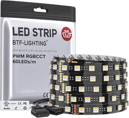 BTF-LIGHTING RGBCCT LED Strip UL Listed 16.4ft 60LED/m 300LED DC24V IP30 | Black LED Tape 12mm wide 5 Colors in 1 RGB+Dimmable Tunable Color Temperature 2700K-6500K for Decor(No Adapter or Controller)