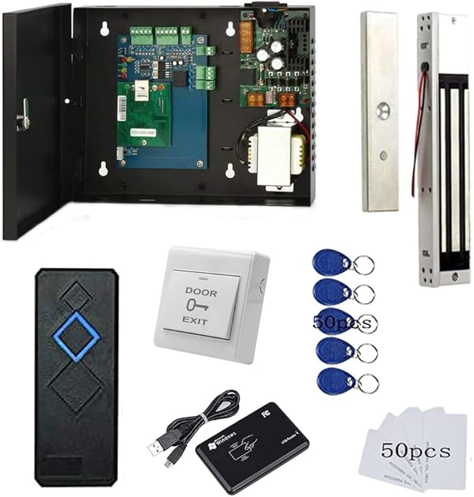 Door Access Control System with 600lbs Magnetic Lock Entry Control Panel 110V Power Supply Box RFID Reader Exit Button Enroll RFID USB Reader Card Key Fob Phone APP Remotely Open Lock