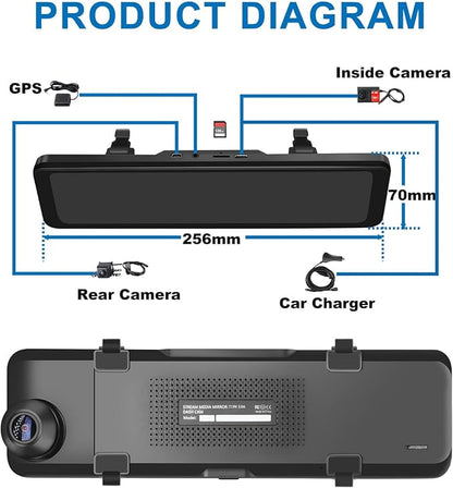 4K 3 Channel Mirror Dash Cam, 10.88" Triple Rear View Mirror Dash Camera Front Inside Rear for Car RV Truck, Night Vision, 64GB Card, WDR, G-Sensor, 24H Parking Monitor (INS102-3CH)