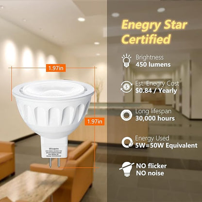 Wixann MR16 LED Bulbs Dimmable, 5W 3000K Soft Warm White, 450LM, 12-Volt Gu5.3 Bi-Pin Base, 40 Degree Spot Lighting for Indoor. 6 Pack