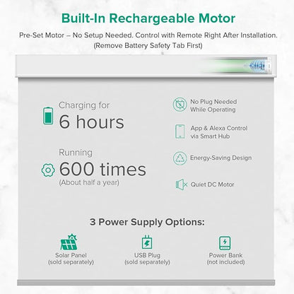 Motorized Roller Shades, 10O% Blackout Waterproof Remote Control Custom Window Shades Work with Alexa Google Assistant via RF Hub, Rechargeable Electric Blinds for Windows (Vinyl Light Grey)