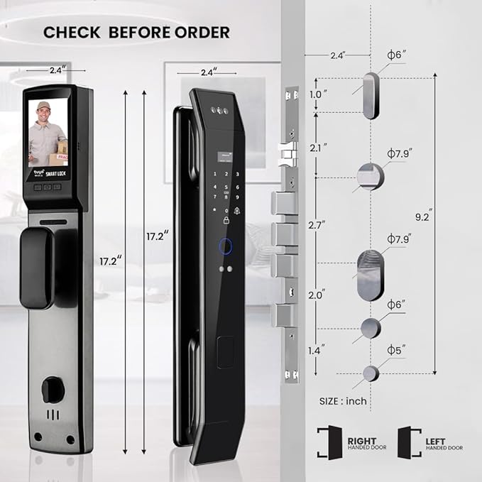 Smart Door Lock with 3D Face Recognition & Camera, Video Doorbell with Intercom, Fingerprint Keyless Entry, Password, IC Card, Key, Alexa Compatible, Tuya App Control, Smart Home Front Door Security