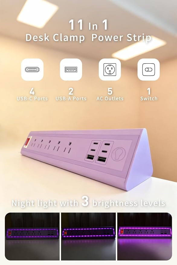 Desk Clamp Power Strip with Nightlight, 40W Fast Charging, 10FT Extension Cord, 4x20W USB-C & 2 USB Ports, 5 AC Outlets, Fits 1.69-Inch Table Edges