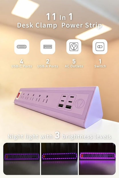Desk Clamp Power Strip with Nightlight, 40W Fast Charging, 10FT Extension Cord, 4x20W USB-C & 2 USB Ports, 5 AC Outlets, Fits 1.69-Inch Table Edges