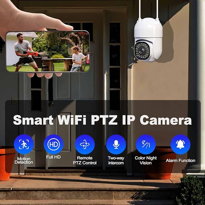3MP Security Camera Outdoor, 2K HD Cameras for Home Security, Support 2.4GHz WiFi, 360° PTZ Auto Tracking, 2-Way Audio, Motion Detection and Siren, Cloud/SD Storage, Waterproof