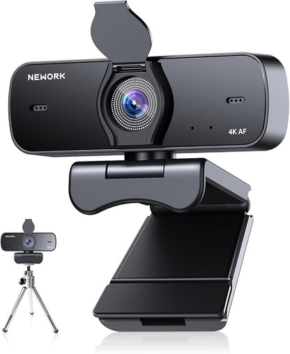 4K Webcam for PC with 2 Noise-Cancelling Microphones, Stable Auto Focus, Plug&Play Computer Camera for Online Teaching, Meetings, and Remote Communication (with Tripod)