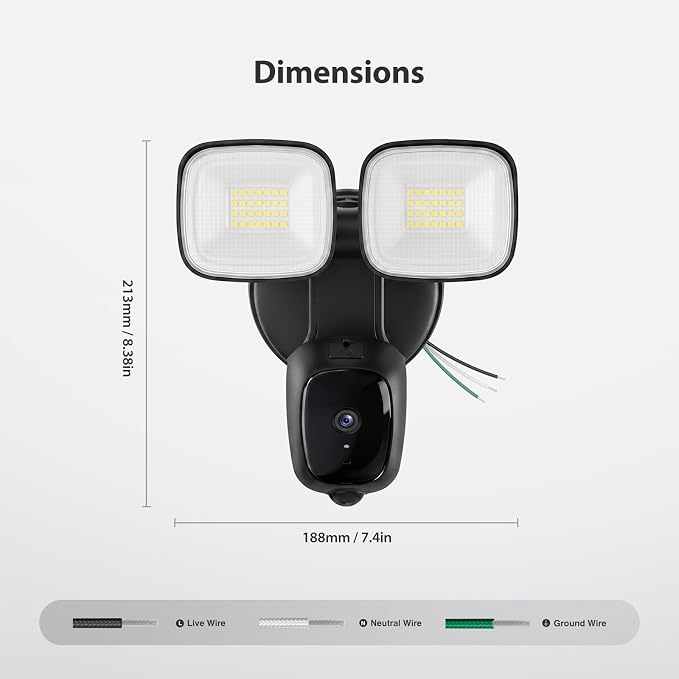 2K Hardwired Flood Light Camera, 3500LM Dual-Head Outdoor Security Camera with Color Night Vision, 5G/2.4G WiFi, PIR Motion Detection, Siren, 2-Way Audio, IP65, Compatible with Alexa, Black