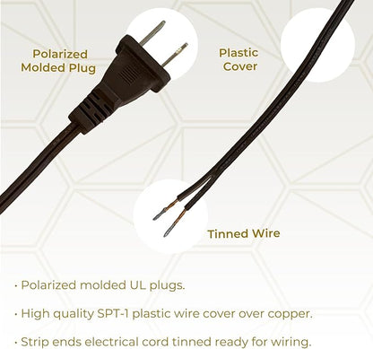 Royal Designs, Inc. 8 Foot Replacement Lamp Cord with Molded Plug and Rotary Dimmer Switch, Stripped Ends Ready for Wiring, SPT-1 Safe for USA, CO-1001D-BR-8-2, Brown, Pack of 2