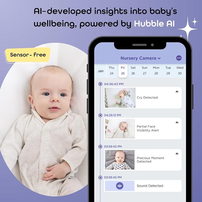 Hubble Connected AI Vision 5-in-1 2K UHD Baby Monitor with AI Alerts, True Cry Detection, Sleep Insights, Nightlight & Smart Soother, Flexible Mount, Dual-Band Wi-Fi (5 & 2.4 GHz)