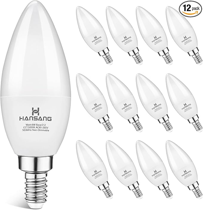 12 Pack E12 LED Candelabra Light Bulbs 60W Equivalent, 5000K Daylight White, Chandelier Bulb Small Base, 600 Lumens CRI85+ 120V Type B Candle Light, 6W B11 for Ceiling Fan, Non-Dimmable