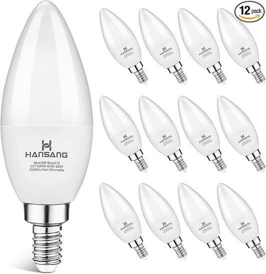 12 Pack E12 LED Candelabra Light Bulbs 60W Equivalent, 5000K Daylight White, Chandelier Bulb Small Base, 600 Lumens CRI85+ 120V Type B Candle Light, 6W B11 for Ceiling Fan, Non-Dimmable