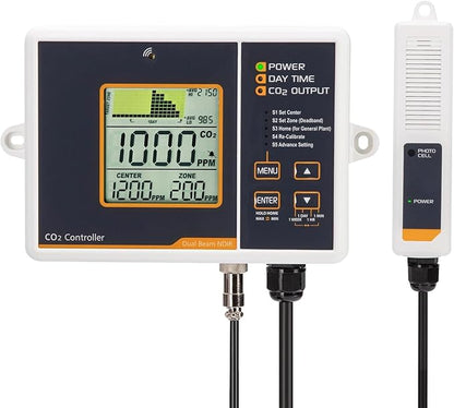CO2 Controller Carbon Dioxide Controller CO2 Meter Dector Monitor Day and Night CO2 Control Relay Function 4.6m Long Cable Dual Channel Low Drift NDIR Sensor for Green House Grow Room Factory Home Off