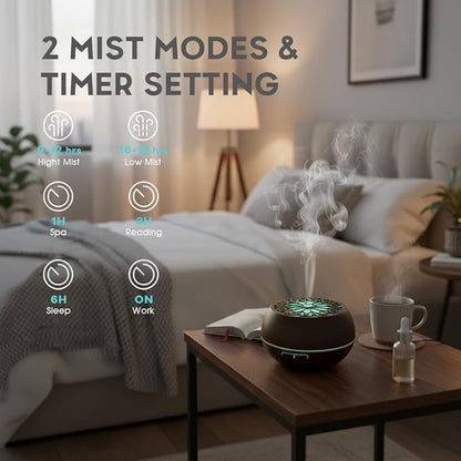 550ml Large Capacity Essential Oil Diffuser with 6 Aromatherapy Oils Set,Ultrasonic Air Humidifier with Timer and 7 Color LED Night Light Waterless Auto-Off Dark Wood Grain
