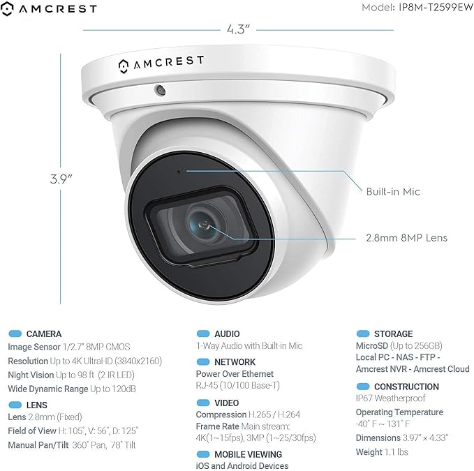 Amcrest 4K Security Camera System w/ 4K 8CH PoE NVR, (4) x 4K (8-Megapixel) IP67 Weatherproof Metal Turret Dome POE IP Cameras (3840x2160), Pre-Installed 2TB HDD, NV4108E-IP8M-T2599EW4-2TB (White)