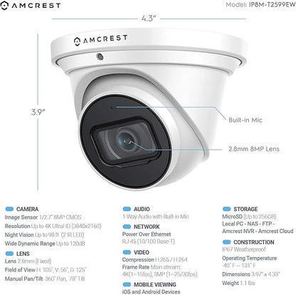 Amcrest 4K Security Camera System w/ 4K 8CH PoE NVR, (4) x 4K (8-Megapixel) IP67 Weatherproof Metal Turret Dome POE IP Cameras (3840x2160), Pre-Installed 2TB HDD, NV4108E-IP8M-T2599EW4-2TB (White)