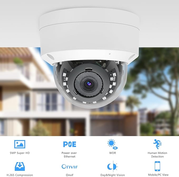 5MP PoE IP Vandal Dome Security Camera Outdoor, IP Network PoE Camera with 2.8mm Lens, 105° Wide Angle, H.265, Built-in Mic, IP66 Waterproof, 80ft IR Night Vision, Human Motion Detection