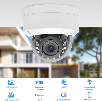 5MP PoE IP Vandal Dome Security Camera Outdoor, IP Network PoE Camera with 2.8mm Lens, 105° Wide Angle, H.265, Built-in Mic, IP66 Waterproof, 80ft IR Night Vision, Human Motion Detection
