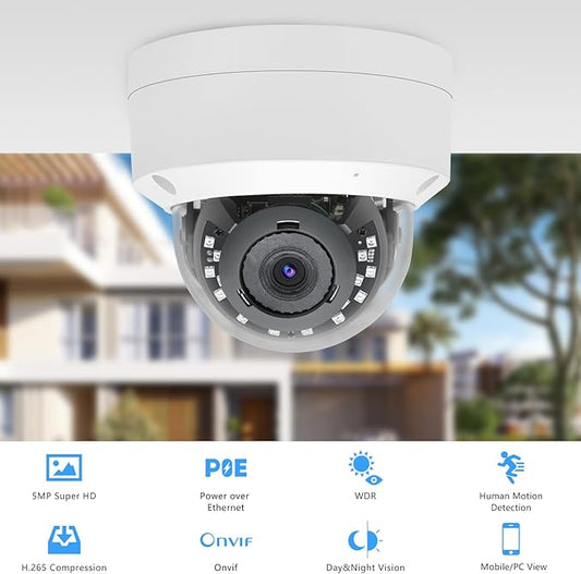 5MP PoE IP Vandal Dome Security Camera Outdoor, IP Network PoE Camera with 2.8mm Lens, 105° Wide Angle, H.265, Built-in Mic, IP66 Waterproof, 80ft IR Night Vision, Human Motion Detection