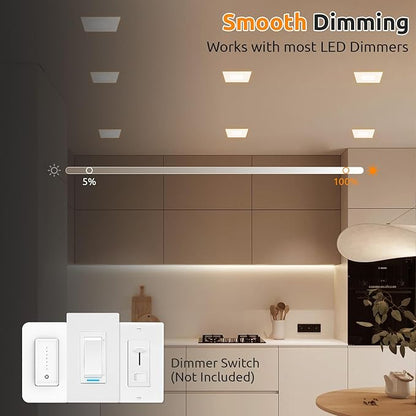 HONZIN Square LED Recessed Lighting 4 Inch, 5CCT Ultra Thin Led Recessed Ceiling Lights 6 Pack, Selectable 2700K/3000K/3500K/4000K/5000K, 9W, IC Rated, Dimmable Square White Trim with Junction Box
