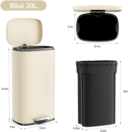 Arlopu 8/13.2 Gallon Step Trash Can, Stainless Steel Garbage Bin, Soft-Close Rubbish Bin with Removable Plastic Inner Bucket, Fingerprint-Proof, Lid Dustbin, Suit for Kitchen (Beige, 30L)