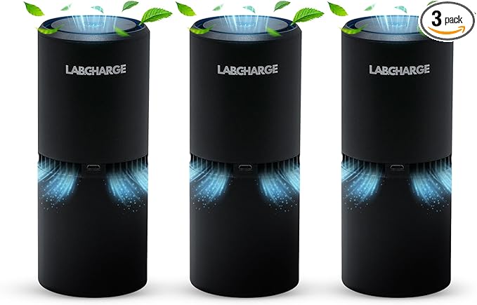 Lab Charge Small Ionic Air Purifier for Home & Bedroom – Silent HEPA Filter – Covers 250 Sq Ft - Free Cleaner – Compact & Black Design - Pack of 3