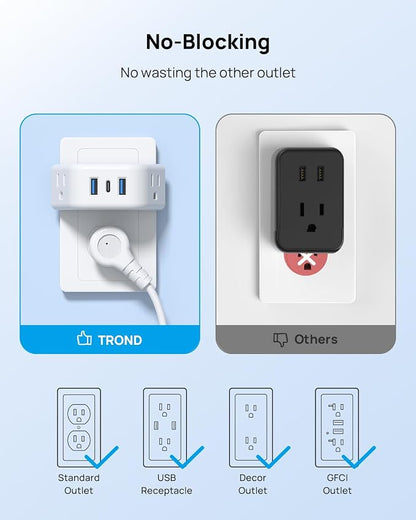 TROND Outlet Extender with USB, 2 AC Sockets and 3 USB Ports | 3-Side Design Wall Plug Adapter, Cruise Essentials, Plug Extension Outlet for Travel Home Office, White
