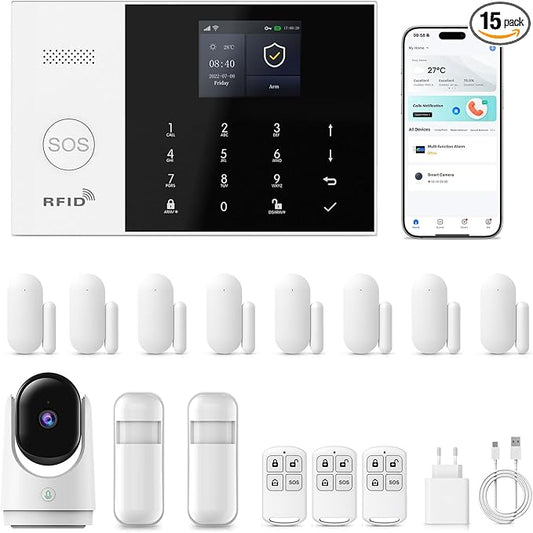 YBJ Alarm System for Home Security,15Piece DIY Kit with Motion Sensors Detectors,SOS Button,Remote,Door/Window Sensors,APP Insta Alert Compatible with Alexa,for Smart Life or Tuya APP,NO Monthly Fees