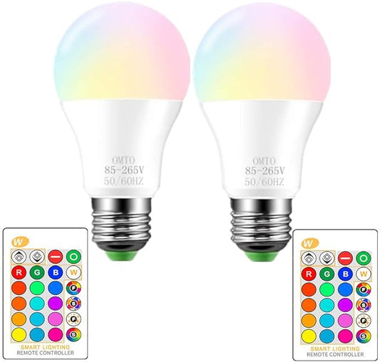 RGBW Color Changing LED Light Bulbs, A19 E26 Screw Base IR Remote Control Dimmable with Memory Function 60W Equivalent for Home Decoration Stage Bar Party (RGB+Daily Lighting, 2-Pack)