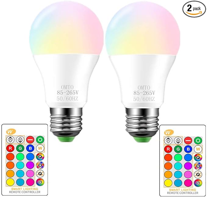 RGBW Color Changing LED Light Bulbs, A19 E26 Screw Base IR Remote Control Dimmable with Memory Function 60W Equivalent for Home Decoration Stage Bar Party (RGB+Warm Lighting, 2-Pack)