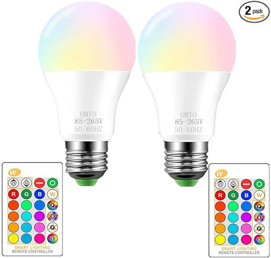 RGBW Color Changing LED Light Bulbs, A19 E26 Screw Base IR Remote Control Dimmable with Memory Function 60W Equivalent for Home Decoration Stage Bar Party (RGB+Warm Lighting, 2-Pack)