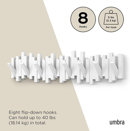 Umbra Sticks Wall Coat Rack, Wall Mount 8 Retractable Hooks, White | Modern sculptural look, holds five pounds each, fits entryways and bedrooms, easy to install, recycled plastic