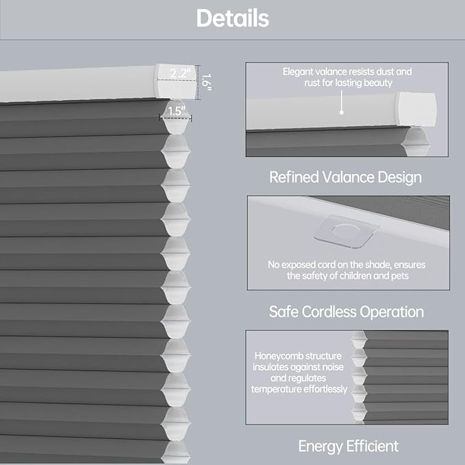 Cellular Shades Light Filtering Honeycomb Blinds for Indoor Windows, Cordless Cellular Shades 1.5 inch Cell Pleated for Bedroom Home Office, Custom Size, Half Shading Grey