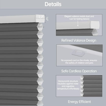 Cellular Shades Light Filtering Honeycomb Blinds for Indoor Windows, Cordless Cellular Shades 1.5 inch Cell Pleated for Bedroom Home Office, Custom Size, Half Shading Grey