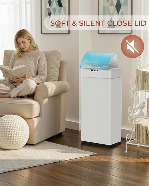 TLSUNNY 21.1 Gallon Motion Sensor Trash Can,Touchless Automatic Garbage Can,Brushed Stainless Steel Smart Bin,with Bag Holder,Soft Close Lid,for Kitchen,Office,RV,Bedroom,Living Room (White, 80L)