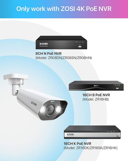 ZOSI 4PK 4K PoE Security Cameras with Ethernet Cables,Person Vehicle Detection,2 Way Audio,Night Vision,Smart Light&Sound Alerts,8MP Weatherproof Outdoor Add-on Camera Only Work 4K PoE NVR