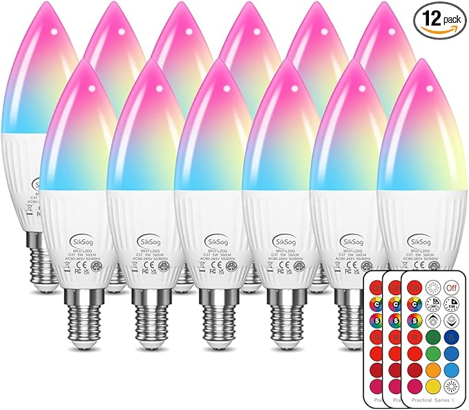 E12 LED Bulb Color Changing Candelabra Light Bulb with Remote Control, 50W Incandescent Equivalent, 560 Lumen,Cool White 5000K + 12 Colors, 5W E12 Small Base, Decorative Chandelier Light Bulb, 12 Pack