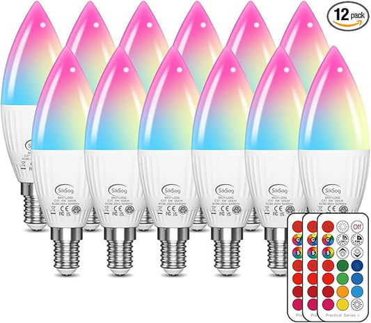 E12 LED Bulb Color Changing Candelabra Light Bulb with Remote Control, 50W Incandescent Equivalent, 560 Lumen,Cool White 5000K + 12 Colors, 5W E12 Small Base, Decorative Chandelier Light Bulb, 12 Pack