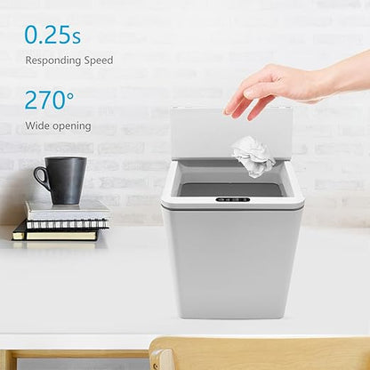 Automatic Small Countertop Trash Can with Lid, 1.5 Gal/6L Toucheless Mini Waste Bin for Office Desk/Bedside Table/Coffee Bar -Batteries, Grey