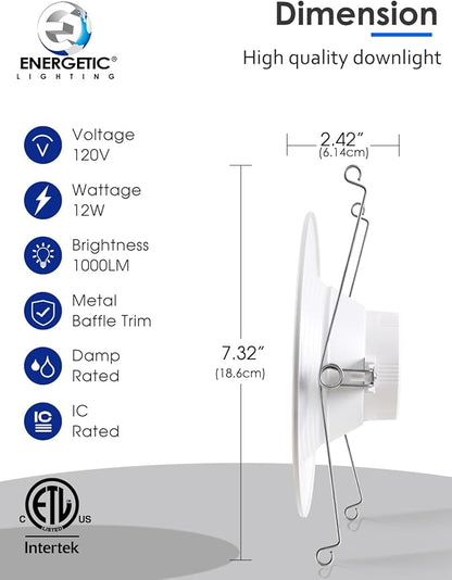 Energetic 5/6 Inch LED Recessed Lighting, 1000LM, 5000K Daylight Downlight, 12W=150W, Dimmable LED Can Light, Simple Retrofit Installation, IC & Wet Rated, FCC & ETL Listed, 12 Pack